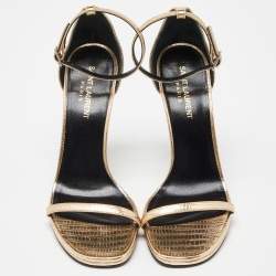 مملوكة مسبقًا Saint Laurent Metallic Gold Lizard Embossed Leather Jane Ankle-Strap Sandals Size 38