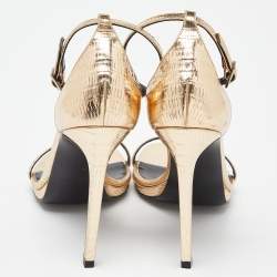 مملوكة مسبقًا Saint Laurent Metallic Gold Lizard Embossed Leather Jane Ankle-Strap Sandals Size 38
