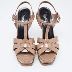 Saint Laurent Light Brown Patent Leather Tribute Sandals Size 37.5