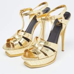 Saint Laurent Gold Croc Embossed Leather Tribute Sandals Size 41