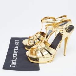 Saint Laurent Gold Croc Embossed Leather Tribute Sandals Size 41