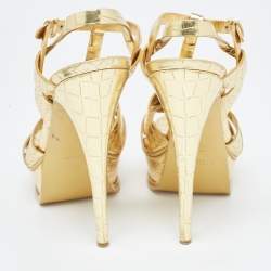 Saint Laurent Gold Croc Embossed Leather Tribute Sandals Size 41
