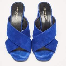 Pre Owned Saint Laurent Blue  Suede Loulou Slide Sandals Size 38