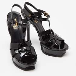 Pre Owned Saint Laurent Black Patent Leather Tribute Ankle Strap Sandals Size 37