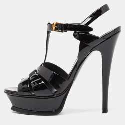 Pre Owned Saint Laurent Black Patent Leather Tribute Ankle Strap Sandals Size 37