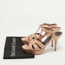 Pre Owned Saint Laurent Beige Patent Tribute Sandals Size 38