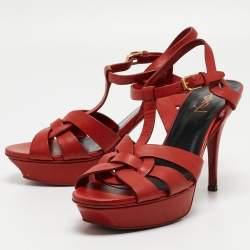 Pre Owned Saint Laurent Red Leather Tribute Sandals Size 40