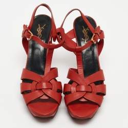 Pre Owned Saint Laurent Red Leather Tribute Sandals Size 40