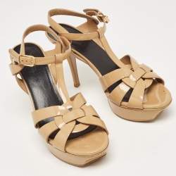 Pre Owned Saint Laurent Brown Patent Leather Tribute Sandals Size 38