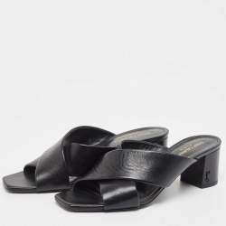 Pre Owned Saint Laurent Black Leather Loulou Cross Strap Block Heel Sandals Size 39.5