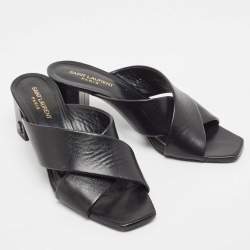 Pre Owned Saint Laurent Black Leather Loulou Cross Strap Block Heel Sandals Size 39.5