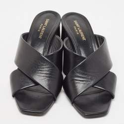 Pre Owned Saint Laurent Black Leather Loulou Cross Strap Block Heel Sandals Size 39.5
