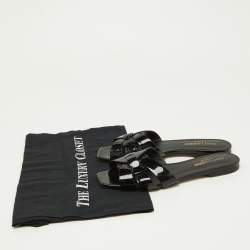 Saint Laurent Black Patent Leather Tribute Flat Slides Size 36