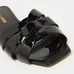 Saint Laurent Black Patent Leather Tribute Flat Slides Size 36