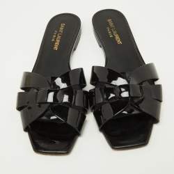 Saint Laurent Black Patent Leather Tribute Flat Slides Size 36