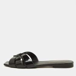 Saint Laurent Black Patent Leather Tribute Flat Slides Size 36