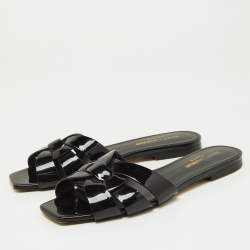 Saint Laurent Black Patent Leather Tribute Flat Slides Size 36