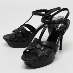 Pre Owned Saint Laurent Paris Black Leather Tribute Ankle Strap Sandals Size 39.5