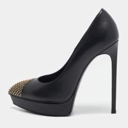 Saint Laurent Black Leather Studded Platform Pumps Size 36