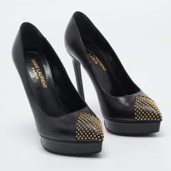 Saint Laurent Black Leather Studded Platform Pumps Size 36