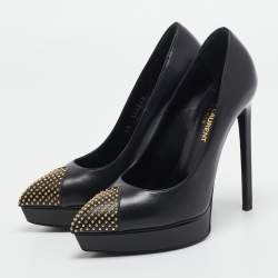 Saint Laurent Black Leather Studded Platform Pumps Size 36