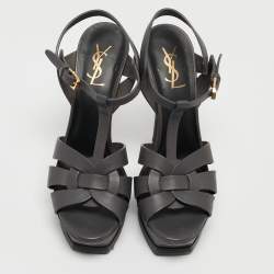 Pre Owned Saint Laurent Grey Leather Tribute Sandals Size 39