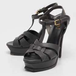 Pre Owned Saint Laurent Grey Leather Tribute Sandals Size 39