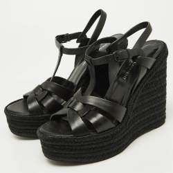 Pre Owned Saint Laurent Black Leather Tribute Espadrilles Wedge Sandals Size 38