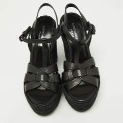 Pre Owned Saint Laurent Black Leather Tribute Espadrilles Wedge Sandals Size 38
