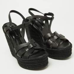Pre Owned Saint Laurent Black Leather Tribute Espadrilles Wedge Sandals Size 38