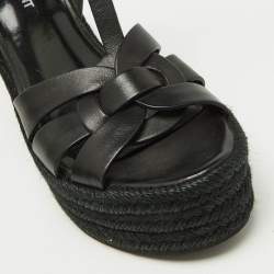 Pre Owned Saint Laurent Black Leather Tribute Espadrilles Wedge Sandals Size 38
