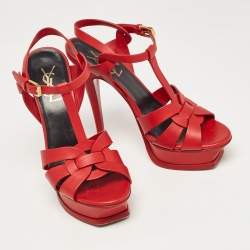 Pre Owned Saint Laurent Red Leather Tribute Sandals Size 36.5 