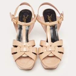Saint Laurent Beige Patent Leather Tribute Sandals Size 36