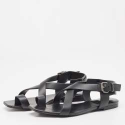 Pre Owned Saint Laurent Black Leather Toe Ring Slingback Flat Sandals Size 38