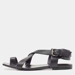 Pre Owned Saint Laurent Black Leather Toe Ring Slingback Flat Sandals Size 38