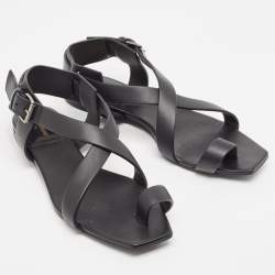 Pre Owned Saint Laurent Black Leather Toe Ring Slingback Flat Sandals Size 38