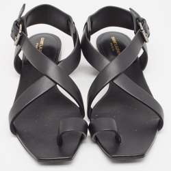 Pre Owned Saint Laurent Black Leather Toe Ring Slingback Flat Sandals Size 38