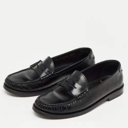 Pre Owned Saint Laurent Black Leather Slip On Loafers Size 35.5
