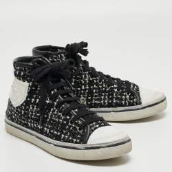 Saint Laurent White/Black Tweed and Leather Bedford High Sneakers Size 36
