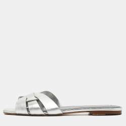 Saint Laurent Silver Leather Tribute Flat Slides Size 40