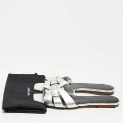 Saint Laurent Silver Leather Tribute Flat Slides Size 40