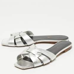 Saint Laurent Silver Leather Tribute Flat Slides Size 40