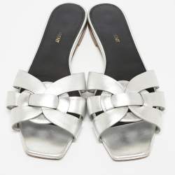 Saint Laurent Silver Leather Tribute Flat Slides Size 40