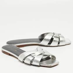 Saint Laurent Silver Leather Tribute Flat Slides Size 40
