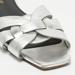 Saint Laurent Silver Leather Tribute Flat Slides Size 40
