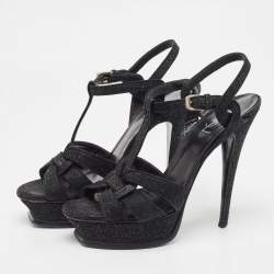 Saint Laurent Black Textured Suede Tribute Sandals Size 39