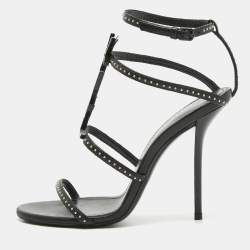 Pre Owned Saint Laurent Black Studded Leather Cassandra Ankle Strap Sandals Size 36