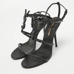 Pre Owned Saint Laurent Black Studded Leather Cassandra Ankle Strap Sandals Size 36