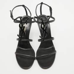 Pre Owned Saint Laurent Black Studded Leather Cassandra Ankle Strap Sandals Size 36
