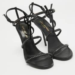 Pre Owned Saint Laurent Black Studded Leather Cassandra Ankle Strap Sandals Size 36